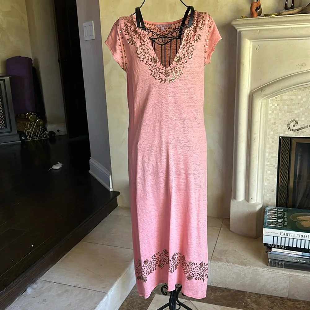 Calypso St. Barth Emeline Sequin Linen Coral Midi Dress Size Small - Picture 1 of 5
